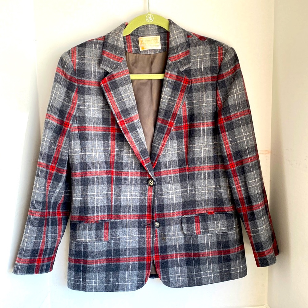 Pendleton 100% Wool Plaid Blazer Medium Grey and Red